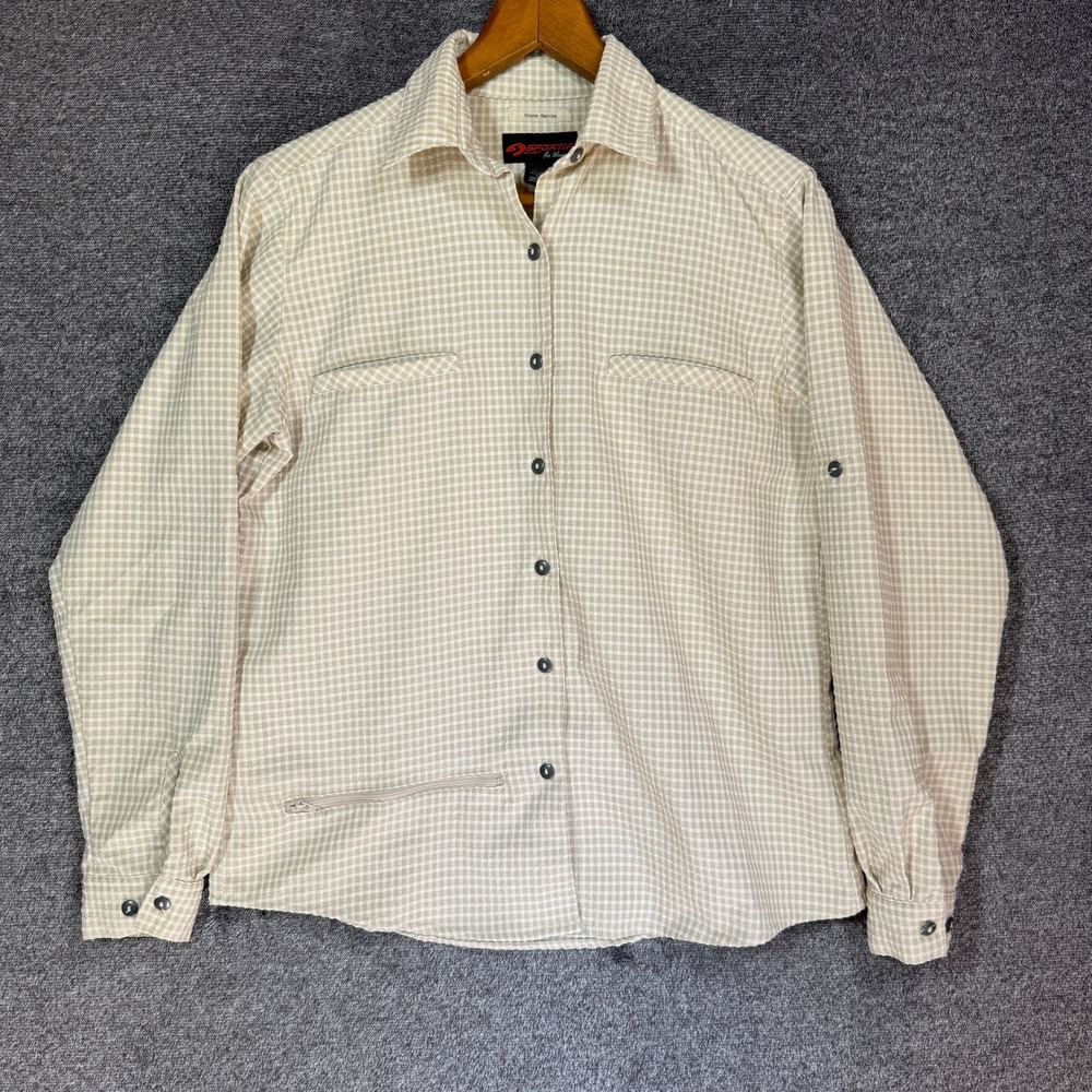 Sportif USA Shirt Womens S Tan Gingham Roll Tab Long Sleeve Hiking Vent Back